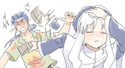  1boy adjusting_hair blue_hair blue_hat caren_hortensia closed_eyes commentary_request cu_chulainn_(fate) ddong_pong earrings fate/hollow_ataraxia fate_(series) female hair_slicked_back hat holding holding_money jewelry korean_commentary long_hair long_sleeves meme money naoya_hitting_choso_without_looking_(meme) nun open_mouth ponytail rapid_punches scene_reference short_sleeves simple_background single_earring smear_frame spiked_hair wavy_hair white_background white_hair 