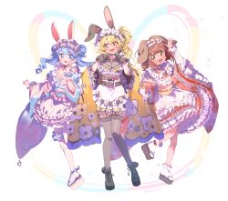  3girls :d absurdres animal_ear_fluff animal_ears ankle_boots apron arm_up black_boots black_sandals black_thighhighs blonde_hair blue_eyes blue_hair blue_kimono blush boots breasts brown_hair character_request cleavage commentary_request dog_ears dog_girl double_bun drill_hair floppy_ears frilled_apron frilled_hairband frilled_kimono frilled_sleeves frills full_body garter_straps hair_between_eyes hair_bun hairband hand_up hands_up heart heart_hands heart_in_heart_hands highres japanese_clothes kemonomimi_mode kimono lace-trimmed_thighhighs lace-up_boots lace_trim large_breasts long_hair long_sleeves looking_at_viewer magia_record:_mahou_shoujo_madoka_magica_gaiden mahou_shoujo_madoka_magica minami_rena multiple_girls obi okobo open_mouth platform_sandals rabbit_ears rabbit_girl red_eyes red_kimono sandals sash serizawa_serizane short_hair side_ponytail simple_background smile socks standing standing_on_one_leg sweatdrop tabi thighhighs togame_momoko twin_drills white_apron white_background white_sandals white_socks white_thighhighs wide_sleeves yellow_eyes yellow_kimono yellow_sash 