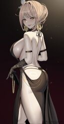  arm_strap ass back backless_dress backless_outfit bag bare_shoulders black_background black_dress blush breasts brown_hair dress earrings ekuskarma elbow_gloves emma_(nikke) emma_(tactical_upgrade)_(nikke) emma_(tactical_upgrade)_(secret_therapy)_(nikke) evening_gown female gloves goddess_of_victory:_nikke hair_bun hair_ornament handbag highres jewelry large_breasts looking_to_the_side multi-strapped_panties official_alternate_hairstyle panties plunging_neckline sideboob simple_background single_elbow_glove single_glove solo underwear yellow_eyes 