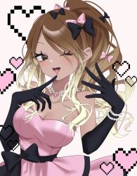  bare_shoulders black_bow black_gloves blonde_hair bow bracelet breasts brown_eyes brown_hair cleavage commentary_request dress dress_bow elbow_gloves female gloves gradient_hair hairbow hazaki_yoshino heart highres idolmaster idolmaster_shiny_colors izumi_mei jewelry large_breasts long_hair multicolored_hair multiple_hair_bows one_eye_closed open_mouth pearl_bracelet pink_bow pink_dress pixel_heart ponytail sideways_glance solo strapless strapless_dress two-tone_hair upper_body white_background 