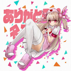  blonde_hair commentary_request female hair_ornament hat heart long_hair looking_at_viewer natori_sana natori_sana_(nurse) nurse_cap official_alternate_costume red_eyes sana_channel short_sleeves simple_background solo thighhighs tokaki virtual_youtuber white_thighhighs 
