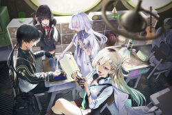  1boy 3girls absurdres alternate_costume aqua_necktie backpack bag black_dress black_hair black_jacket black_skirt blonde_hair blueprint_(object) bow bowtie braid braided_bangs breasts cellphone chisa_(wuthering_waves) classroom commentary dress earrings english_commentary gradient_hair green_hair grey_hair hair_ornament headphones headphones_around_neck highres holding holding_phone indoors jacket jewelry jyn_(jyn_ixix) long_hair lynae_(wuthering_waves) male_rover_(perpetual_spark)_(wuthering_waves) male_rover_(wuthering_waves) medium_breasts mornye_(wuthering_waves) multicolored_hair multiple_girls necktie open_mouth phone purple_dress purple_eyes red_bow red_bowtie rover_(wuthering_waves) shirt sitting skirt skull_hair_ornament smartphone smile spray_can star_(symbol) star_earrings tacet_mark_(wuthering_waves) white_jacket white_shirt wuthering_waves 