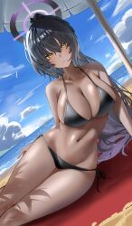  absurdres bare_shoulders beach bikini black_bikini black_hair blue_archive blush breasts cleavage collarbone dark-skinned_female dark_skin female gradient_hair groin hair_between_eyes halo hashtag-only_commentary highres karin_(blue_archive) large_breasts long_hair looking_at_viewer lying multicolored_hair navel on_side ponytail purple_hair purple_halo side-tie_bikini_bottom solo swimsuit thighs tokk1 very_long_hair yellow_eyes 