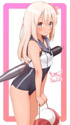  absurdres artist_logo black_one-piece_swimsuit blonde_hair blue_eyes blue_sailor_collar breasts commentary_request commission cowboy_shot crop_top female highres kantai_collection lifebuoy logo old_school_swimsuit one-piece_swimsuit ro-500_(kancolle) sailor_collar sailor_shirt school_swimsuit shirt skeb_commission sleeveless sleeveless_shirt small_breasts smile solo swim_ring swimsuit swimsuit_under_clothes tiemu_(man190) torpedo 