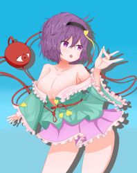  aqua_shirt bare_shoulders black_hairband blue_background blush breasts cleavage collarbone female frilled_skirt frills hairband hashtag-only_commentary heart highres komeiji_satori large_breasts long_sleeves mannzyu_25 open_mouth pink_eyes pink_skirt purple_hair shirt short_hair simple_background skirt solo third_eye touhou 