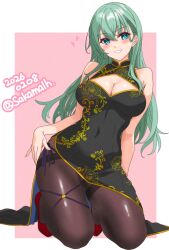  absurdres black_dress black_pantyhose breasts china_dress chinese_clothes cleavage cleavage_cutout clothing_cutout commentary_request dated dress female green_eyes green_hair highres kantai_collection kneeling large_breasts long_hair nitamako_(sakamalh) one-hour_drawing_challenge pantyhose parted_lips pink_background red_shoes shoes smile solo suzuya_(kancolle) twitter_username two-tone_background 