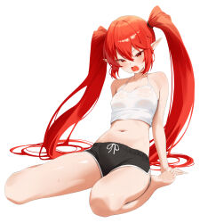  bare_shoulders black_shorts breasts camisole crop_top dolphin_shorts drawstring dungeon_and_fighter female hair_ornament highres ju-ok long_hair looking_at_viewer midriff navel open_mouth original pointy_ears red_eyes red_hair see-through_clothes see-through_shirt shirt short_shorts shorts simple_background sitting sleeveless sleeveless_shirt small_breasts solo spaghetti_strap stomach sweat thighs v-shaped_eyebrows very_long_hair wariza wet wet_clothes wet_shirt white_background white_shirt 