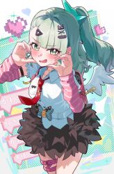  arm_warmers bandaid bandaid_hair_ornament black_skirt blush breasts collarbone commentary_request cowboy_shot eiihleeinq8wzfl female frilled_sleeves frills fur-trimmed_skirt fur_trim green_eyes green_hair green_nails hair_ornament heart heart_hair_ornament highres looking_at_viewer multiple_hair_clips multiple_thigh_straps necktie oerba_yun_fang open_mouth pink_arm_warmers pink_bag ponytail red_necktie shirt skirt small_breasts solo striped_arm_warmers sunna_(zenless_zone_zero) sweatdrop tears thigh_strap white_shirt white_wings winged_bag wings zenless_zone_zero 