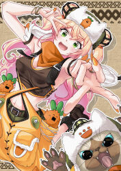  absurdres arm_garter blonde_hair breasts brown_shirt claws cleavage commentary_request cosplay cropped_shirt crossed_bangs crossover double_bun female foreshortening gradient_hair green_eyes hair_bun hair_ornament hand_up hat highres hololive hope_(palico_armor) long_hair looking_at_viewer medium_breasts momosuzu_nene monster_hunter_(series) monster_hunter_wilds multicolored_hair nail_polish nekko_(momosuzu_nene) oerba_yun_fang open_mouth orange_nails orange_pants outline pants pink_hair player_palico player_palico_(cosplay) shirt sleeveless sleeveless_shirt smile tcdtcd461651 two_side_up ushanka v v_over_eye virtual_youtuber whiskers white_outline 