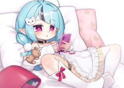  absurdres ahoge animal_hair_ornament asymmetrical_legwear backpack bag black_hair blue_hair cellphone collarbone commentary commission detached_sleeves english_commentary female hair_ornament highres holding holding_phone indie_virtual_youtuber knees_apart_feet_together kokone_(coconeeeco) long_sleeves lying mismatched_legwear multicolored_hair no_shoes on_back open_mouth phone pillow pointy_ears purple_eyes randoseru red_bag second-party_source single_sock single_thighhigh skeb_commission sleeves_past_wrists smartphone socks solo spread_legs streaked_hair thighhighs unworn_backpack unworn_bag white_socks white_thighhighs zenya_hima 