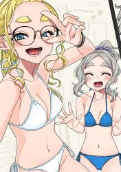  2girls bikini blonde_hair blue_bikini blue_eyes blush breasts chibikko_(morihito) closed_eyes commentary_request dekomegane glasses grey_hair long_hair looking_at_viewer multiple_girls navel original ponytail sasetsu side-tie_bikini_bottom small_breasts smile swimsuit thick_eyebrows v white_bikini 