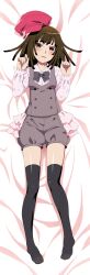 absurdres blush bow bowtie brown_eyes brown_hair commentary_request dakimakura_(medium) female full_body gesugesu_ahoaho hat highres looking_at_viewer lying medium_hair monogatari_(series) on_back sengoku_nadeko shorts smile solo thighhighs unworn_hat unworn_headwear 