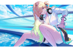  black_skirt blonde_hair blue_sky braid braided_bangs breasts cleavage collarbone day earrings feet_out_of_frame female gradient_hair green_hair hair_ornament head_tilt headphones headphones_around_neck highres jewelry large_breasts long_hair looking_at_viewer looking_to_the_side lynae_(wuthering_waves) multicolored_hair one_eye_closed open_clothes open_shirt outdoors parted_lips poolside purple_eyes shirt sitting skirt skull_hair_ornament sky smile solo star_(symbol) star_earrings thigh_strap thighs turning_head wet wet_clothes wet_shirt white_shirt wuthering_waves yogi001yogi 