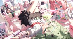  3girls absurdres angels_of_delusion aqua_hair aria_(zenless_zone_zero) arm_warmers backpack bag black_hair black_skirt blue_eyes cellphone commentary green_eyes green_hair hair_ornament hairclip heart heart_hair_ornament highres holding holding_phone lying maeru multicolored_hair multiple_girls nangong_yu necktie on_back on_stomach phone pink_hair randoseru red_eyes red_necktie shirt skirt striped_arm_warmers sunna_(zenless_zone_zero) thighs two-tone_hair white_shirt zenless_zone_zero 