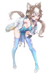  absurdres animal_ears bare_shoulders bent_over black_gloves blue_choker blue_dress blush brown_hair choker clothes_pull cosplay cropped_jacket dress embarrassed female full_body girls'_frontline girls'_frontline_neural_cloud gloves groin hair_between_eyes hand_on_own_ass hannah_(neural_cloud) heart heart_necklace high_heels highres jacket jacket_pull jewelry leaning_to_the_side long_hair looking_at_viewer lotan multicolored_hair necklace no_bra no_panties oerba_yun_fang off_shoulder open_clothes open_jacket pa-15_(alluring_larkspur)_(girls'_frontline) pa-15_(girls'_frontline) pa-15_(girls'_frontline)_(cosplay) revealing_clothes seductive_smile sideless_dress smile solo standing thighhighs thighs twintails two-tone_hair very_long_hair white_hair white_jacket 