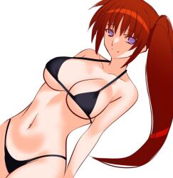  bikini black_bikini breasts brown_hair commentary_request dutch_angle engo_(aquawatery) female large_breasts long_hair lyrical_nanoha mahou_shoujo_lyrical_nanoha_strikers navel purple_eyes side_ponytail simple_background smile solo swimsuit takamachi_nanoha white_background 