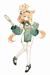  absurdres alternate_costume animal_ear_fluff animal_ears black_hairband black_shoes blue_archive blush bow breasts cat_ears china_dress chinese_clothes chinese_commentary cleavage cleavage_cutout closed_mouth clothing_cutout commentary_request detached_sleeves double-parted_bangs dress earrings female flower footwear_bow full_body green_bow green_dress green_eyes green_sleeves hair_flower hair_intakes hair_ornament hairband halo hanchansiqingyun hand_fan hand_on_own_hip high_heels highres holding holding_fan jewelry long_hair long_sleeves looking_at_viewer low_twintails mari_(blue_archive) orange_hair pelvic_curtain puffy_long_sleeves puffy_sleeves shoes side_slit sidelocks simple_background single_sleeve_past_fingers sleeveless sleeveless_dress small_breasts smile standing standing_on_one_leg tassel thighhighs twintails very_long_hair white_background white_flower white_thighhighs yellow_halo 