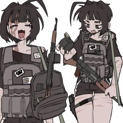  1boy @_@ absurdres ahoge androgynous backpack bag black_eyes black_hair black_shirt blood blood_from_forehead blood_from_mouth boy's_club bulletproof_vest gun half-closed_eyes highres holding holding_gun holding_weapon looking_at_viewer male_focus mole mole_on_neck multiple_scars multiple_views nightcore_(n19htc0r333) oerba_yun_fang open_mouth original pepe_the_frog rifle scar scar_on_arm scar_on_leg shirt short_hair short_sleeves simple_background skin_fang smile weapon white_background 