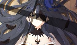  absurdres akemi_homura akuma_homura akuma_homura_(cosplay) black_feathers blue_bow blue_eyes blue_hair bow bow_earrings breasts commentary cosplay earrings feathers female from_above hair_intakes hair_spread_out hairbow half-closed_eye hashtag-only_commentary highres hololive hololive_english hunk_404 jewelry large_breasts long_hair looking_at_viewer lying mahou_shoujo_madoka_magica mahou_shoujo_madoka_magica:_walpurgis_no_kaiten oerba_yun_fang on_back one_eye_covered ouro_kronii parted_bangs scene_reference skin_fang solo virtual_youtuber window_shadow 