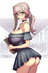  armpit_crease ass bespectacled black_choker blue_eyes book breasts choker cleavage closed_mouth collarbone commentary dress earrings fate/grand_order fate_(series) female glasses highres holding holding_book jewelry large_breasts library lips low_ponytail miyamoto_musashi_(fate) necklace panties pendant pink_hair ponytail purple_panties rioliogiz short_dress smile solo symbol-only_commentary underwear 
