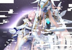  absurdres aemeath_(wuthering_waves) black_hole chinese_commentary closed_eyes closed_mouth commentary_request elbow_gloves exostrider_(wuthering_waves) female glitch gloves hair_ornament highres junwu large_arm long_hair mecha pink_hair ponytail robot sky smile solo space star_(sky) starry_sky tacet_mark_(wuthering_waves) thighs white_gloves wuthering_waves 