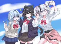  3girls ;q absurdres alternate_costume black_hair black_nails black_pantyhose black_skirt blue_hair blue_skirt bow bowtie breasts camellya_(wuthering_waves) camellya_mascot_(meme) cellphone clothes_around_waist collarbone commentary_request female_rover_(wuthering_waves) fingernails god-08 hair_between_eyes hair_ornament hand_up heart highres holding holding_phone jacket long_fingernails medium_breasts meme multiple_girls nail_polish one_eye_closed pantyhose phone pink_bow pink_bowtie purple_eyes purple_jacket rover_(wuthering_waves) school_uniform shirt shorekeeper_(wuthering_waves) short_hair skirt smartphone tongue tongue_out v white_shirt wuthering_waves yellow_eyes 