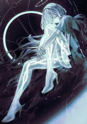  closed_mouth colored_eyelashes commentary_request dutch_angle female full_body grey_hair hair_ornament hair_over_one_eye halo high_heels highres hugging_own_leg jewelry knee_up long_hair looking_at_viewer looking_to_the_side mornye_(wuthering_waves) multiple_rings night red_eyes ring see-through_body sitting sky solo star_(sky) starry_sky tacet_mark_(wuthering_waves) turning_head very_long_hair wuthering_waves yoshi_(houndbell) 