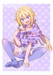  :d black_bow black_bowtie blonde_hair blush border bow bowtie breasts cleavage collarbone commentary_request cup dot_nose double-parted_bangs female full_body hair_between_eyes highres holding holding_cup long_hair looking_at_viewer magia_record:_mahou_shoujo_madoka_magica_gaiden mahou_shoujo_madoka_magica mitsuki_felicia no_shoes open_mouth outline outside_border plaid_clothes plaid_shirt purple_eyes purple_shirt purple_shorts purple_thighhighs serizawa_serizane shirt short_shorts short_sleeves shorts sitting smile solo spread_legs thighhighs twitter_username v-shaped_eyebrows white_border white_outline 