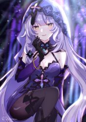  artist_name bare_shoulders black_gloves black_pantyhose black_swan_(honkai:_star_rail) blue_veil blunt_bangs blurry blurry_background blush breasts cleavage closed_mouth commentary detached_sleeves dress feet_out_of_frame female gloves hand_up highres honkai:_star_rail honkai_(series) long_hair long_sleeves looking_at_viewer medium_breasts pantyhose purple_dress purple_hair purple_sleeves sleeveless sleeveless_dress smile solo veil yellow_eyes yukomeow 