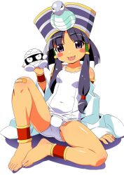  anklet bandage_on_knee barefoot blush_stickers breasts cleopatra_fortune commentary_request creature female full_body gesugesu_ahoaho hair_tubes highres jewelry long_hair looking_at_viewer one-piece_swimsuit open_mouth patrako_(cleopatra_fortune) purple_eyes purple_hair sitting small_breasts smile snake_head solo swimsuit white_one-piece_swimsuit 