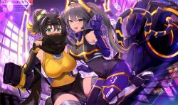  2girls ahoge bare_shoulders black_hair blonde_hair breasts brown_hair cat_mask commentary_request commission covered_navel duel_monster elbow_gloves forehead_protector gloves gradient_hair green_eyes high_heels highres hsin i:p_masquerena large_breasts long_hair looking_at_viewer mask mechanical_tail multicolored_hair multiple_girls official_alternate_costume ok_sign open_mouth ponytail s-force_rappa_chiyomaru s:p_little_knight sidelocks sleeveless smile tail thighhighs twintails twitter_username watermark yu-gi-oh! 