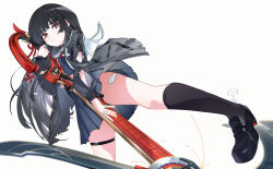  absurdres arm_cutout black_hair black_jacket black_shirt black_shoes black_skirt black_socks chisa_(wuthering_waves) clothing_cutout commentary female hair_ribbon highres holding holding_sword holding_weapon jacket long_hair long_sleeves mizo parted_lips red_eyes red_ribbon ribbon shirt shoes simple_background skirt socks solo sword weapon white_background wuthering_waves 