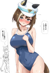  3girls absurdres animal_ears bare_arms blue_eyes blue_one-piece_swimsuit blush breasts brown_hair cheval_grand_(umamusume) commentary_request competition_swimsuit covered_navel ear_covers gryebooks hair_between_eyes hat highres horse_ears horse_girl horse_tail large_breasts looking_at_viewer multicolored_hair multiple_girls one-piece_swimsuit open_mouth peaked_cap short_hair short_hair_with_long_locks simple_background speech_bubble streaked_hair swimsuit tail thighs translation_request umamusume verxina_(umamusume) vivlos_(umamusume) white_background white_hair white_hat white_streaks 