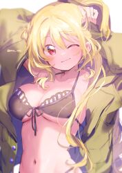  ;) absurdres arms_up bikini black_bikini blonde_hair breasts cleavage closed_mouth collarbone commentary_request female front-tie_bikini_top front-tie_top hair_between_eyes highres jacket large_breasts long_hair long_sleeves looking_at_viewer magia_record:_mahou_shoujo_madoka_magica_gaiden mahou_shoujo_madoka_magica navel one_eye_closed open_clothes open_jacket red_eyes serizawa_serizane simple_background smile solo swimsuit togame_momoko upper_body white_background yellow_jacket 