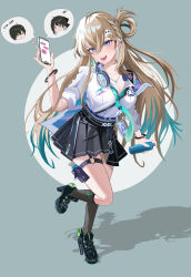  absurdres black_skirt black_socks blonde_hair breasts cellphone cleavage commentary deli_(user_ffdx5587) female female_rover_(wuthering_waves) full_body gradient_hair hair_between_eyes hair_ornament headphones headphones_around_neck highres holding holding_phone holding_spray_can jewelry looking_at_viewer lynae_(wuthering_waves) male_rover_(wuthering_waves) medium_breasts multicolored_hair necklace open_mouth phone purple_eyes rover_(wuthering_waves) shirt shirt_tucked_in skirt skull_hair_ornament smartphone smile socks solo spray_can standing standing_on_one_leg white_shirt wuthering_waves 