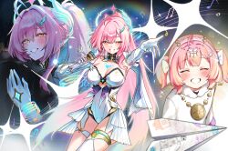  adoptive_parent_and_adoptive_child aemeath_(wuthering_waves) aged_down ahoge bare_shoulders blush breasts cleavage closed_eyes elbow_gloves facing_viewer father_and_daughter female gloves highres holding holding_microphone hug ice_bear leotard long_hair looking_at_viewer male_rover_(wuthering_waves) medium_breasts microphone multiple_views orange_eyes paper_airplane pink_hair ponytail rover_(wuthering_waves) smile strapless strapless_leotard tacet_mark_(wuthering_waves) tearing_up thighs white_gloves white_leotard wuthering_waves 