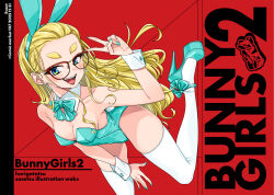  animal_ears blonde_hair blue_eyes breasts comiket_107 commentary_request cover cover_page dekomegane fake_animal_ears female glasses highres leotard long_hair looking_at_viewer original platform_heels playboy_bunny rabbit_ears red_background sasetsu small_breasts smile solo thick_eyebrows thighhighs v white_thighhighs 