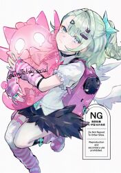  aqua_nails arm_warmers bandaid bandaid_hair_ornament black_skirt closed_mouth collar earrings female fur-trimmed_skirt fur_trim green_eyes green_hair hair_ornament hashtag-only_commentary heart heart_hair_ornament highres holding jewelry krrg70 leg_up leg_warmers looking_at_viewer multicolored_nails multiple_hair_clips multiple_rings multiple_thigh_straps musical_note_earrings pink_arm_warmers pink_bag pink_leg_warmers pink_nails ponytail ring shirt simple_background skirt striped_arm_warmers striped_leg_warmers sunna_(zenless_zone_zero) tears thigh_strap white_background white_shirt white_wings winged_bag wings zenless_zone_zero 