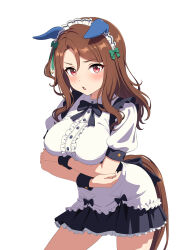  absurdres animal_ears arms_under_breasts black_bow black_bowtie black_skirt blush bow bowtie breasts brown_hair center_frills commentary_request cowboy_shot ear_covers female frills highres horse_ears horse_girl horse_tail king_halo_(umamusume) large_breasts looking_at_viewer medium_hair open_mouth puffy_short_sleeves puffy_sleeves shirt short_sleeves simple_background skirt solo tail tamikko umamusume white_background white_shirt 