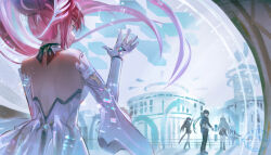  1boy 4girls adoptive_parent_and_adoptive_child aemeath_(wuthering_waves) bare_shoulders chisa_(wuthering_waves) commentary elbow_gloves english_commentary father_and_daughter floating_hair from_inside glitch gloves hair_floating_upwards hewaje highres looking_at_another looking_back lynae_(wuthering_waves) male_rover_(wuthering_waves) mornye_(wuthering_waves) multiple_girls orange_eyes pink_hair rover_(wuthering_waves) smile solo_focus white_gloves wuthering_waves 