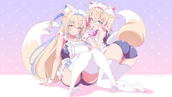  2girls alternate_costume animal_ears ass blonde_hair blue_eyes blue_one-piece_swimsuit blue_streaks breasts closed_mouth commentary_request dog_ears dog_girl dog_tail fuwawa_abyssgard highres hinata_hirune hololive hololive_english large_breasts long_hair looking_at_viewer medium_hair mococo_abyssgard multicolored_hair multiple_girls one-piece_swimsuit open_mouth pink_eyes pink_streaks siblings sisters streaked_hair swimsuit tail twins very_long_hair virtual_youtuber 