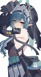  absurdres arknights arknights:_endfield arms_up black_veil blue_hair blush breasts bright_pupils commentary_request detached_sleeves diieru female from_side highres horns large_breasts long_hair looking_to_the_side parted_lips pointy_ears simple_background solo tail upper_body veil white_background white_pupils xaihi_(arknights) 