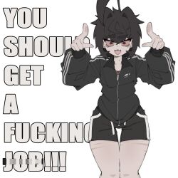  1boy absurdres ahoge black_hair black_jacket black_shorts bloodshot_eyes censored colored_sclera constricted_pupils cowboy_shot english_text hair_between_eyes hands_up highres jacket long_sleeves looking_at_viewer male_focus mole mole_on_neck nightcore_(n19htc0r333) oerba_yun_fang open_mouth original pointing pointing_at_viewer pointless_censoring red_eyes red_sclera scar scar_on_leg short_hair shorts simple_background skin_fang smile solo white_background 