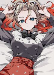  absurdres apron black_bow black_bowtie blue_eyes bow bowtie breasts commentary ebi_(shrimp_eleven) eyewear_on_head female glasses gradient_hair griselle_(pokemon) highres korean_commentary large_breasts looking_at_viewer lying multicolored_hair on_back orange_apron orange_hair parted_lips pokemon pokemon_legends:_z-a ponytail print_apron red_apron red_hair shirt split_ponytail two-tone_hair waist_apron white-framed_eyewear white_hair white_shirt 