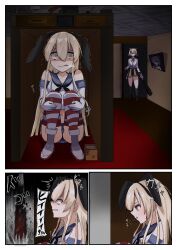  2girls anchor_hair_ornament autobaan beans black_hairband black_neckerchief black_panties blonde_hair blue_sailor_collar blue_skirt club_(weapon) commentary_request crop_top elbow_gloves gloire_(kancolle) gloire_kai_(kancolle) gloire_kai_(setsubun)_(kancolle) gloves grey_eyes hair_ornament hairband hiding highleg highleg_panties highres kantai_collection long_hair masu microskirt miniskirt multiple_girls neckerchief panties pleated_skirt sailor_collar setsubun shimakaze_(kancolle) shirt skirt sleeveless sleeveless_shirt solo_focus spiked_club striped_clothes striped_thighhighs thighhighs underwear weapon white_gloves 