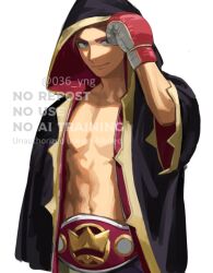  1boy belt black_jacket boxing_gloves bright_pupils championship_belt closed_mouth commentary_request grey_eyes hand_up hood hood_up hooded_jacket jacket lance_(pokemon) male_focus navel pokemon pokemon_hgss red_hair short_hair simple_background solo twitter_username watermark white_background y_(nekoyanagi) 