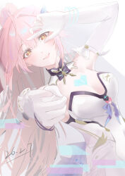  absurdres aemeath_(wuthering_waves) bare_shoulders breasts cleavage closed_mouth commentary dated elbow_gloves female gloves highres leotard long_hair looking_at_viewer medium_breasts mole mole_on_shoulder orange_eyes pink_hair ponytail smile solo strapless strapless_leotard symbol-only_commentary tacet_mark_(wuthering_waves) white_gloves white_leotard wuthering_waves xgg 