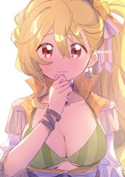  bikini blonde_hair blush bow breasts cleavage closed_mouth collarbone commentary_request dot_nose earrings female green_bikini hair_between_eyes hairbow hand_up highres jewelry large_breasts long_hair looking_at_viewer magia_record:_mahou_shoujo_madoka_magica_gaiden mahou_shoujo_madoka_magica orange_bow red_eyes serizawa_serizane side_ponytail simple_background solo striped_bikini striped_bow striped_clothes swimsuit togame_momoko twitter_username upper_body vertical-striped_bikini vertical-striped_clothes white_background 