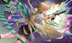  black_skirt blonde_hair breasts closed_mouth colorful_background commentary female headphones headphones_around_neck highres holding jacket long_hair looking_at_viewer looking_back lynae_(wuthering_waves) medium_breasts purple_eyes shirt skirt smile solo tacet_mark_(wuthering_waves) thighs white_jacket white_shirt wuthering_waves yangdeer 