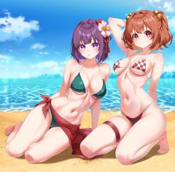  2girls absurdres arm_behind_head arm_support arm_up barefoot beach bikini blue_sky blush breasts brown_hair checkered_bikini checkered_clothes cleavage closed_mouth cloud cloudy_sky commentary_request day flower green_bikini hair_bobbles hair_flower hair_ornament hieda_no_akyuu highres kneeling large_breasts leo23 looking_at_viewer medium_breasts motoori_kosuzu multiple_girls navel ocean open_mouth outdoors purple_eyes purple_hair red_eyes short_hair sitting sky smile stomach swimsuit touhou two_side_up 
